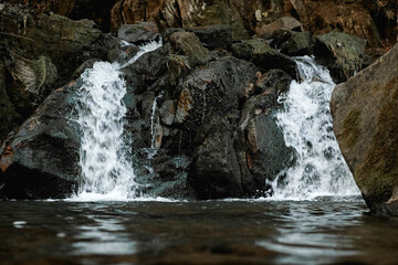 Wall Mural - Small cascading waterfall among the rocks and forest. Beautiful mountain landscape. Copy, empty space for text