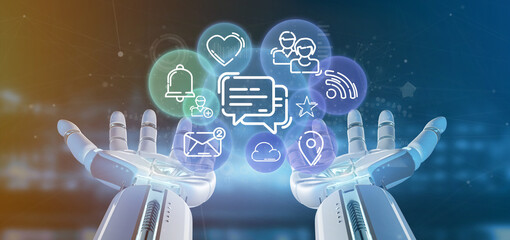 Wall Mural - cyborg holding a cloud of social media network icon
