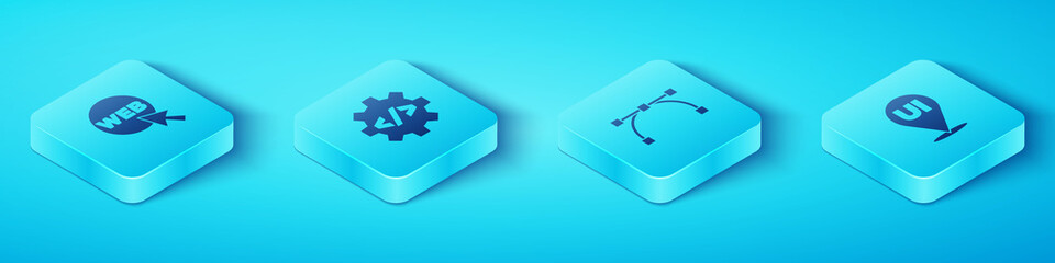 Set Isometric Web and graphic design, Front end development, UI or UX and Bezier curve icon. Vector.