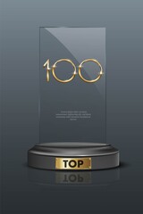 Wall Mural - Top 100 award trophy. Glass rectangular prize with gold number one hundred. Champion glory in competition vector illustration. Hollywood fame in film and cinema or championship in sport