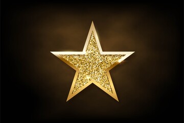 Wall Mural - gold glitter star with golden frame on dark background with fog. christmas ornament shiny emblem vec