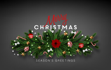 Wall Mural - Christmas greeting card with realistic christmas tree branches. Beautiful Christmas background