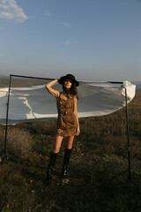 Wall Mural - beautiful woman with dark hair in elegant clothes posing in autumn field