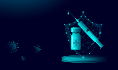 Syringe vaccine ampoule and shield on a dark background, coronavirus bacteria, neon gradient. Banner design with copy space. Vector stock illustration.