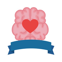 Canvas Print - mental health brain organ with heart in ribbon frame vector illustration design