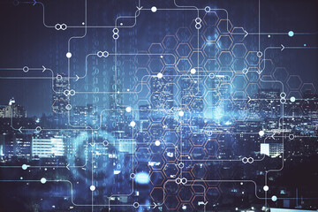 Fototapete - Data theme hologram drawing on city view with skyscrapers background multi exposure. Ai concept.