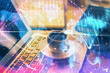 © peshkova - Multi exposure of business theme icons and work space with computer background. Concept of success.