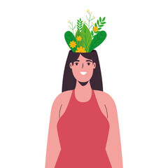 Sticker - young woman with leafs hat character vector illustration design