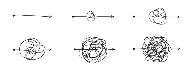 Messy icons. Easy and complex lines. Isolated arrows outgoing from point, tangled stripes. Geometric elements, confusing routes and driving directions. Difficult process, vector minimalist flat set