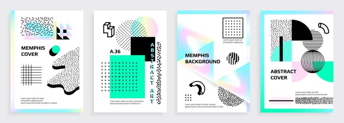 Wall Mural - memphis posters. abstract banners with geometric symbols, halftone dots and square and round figures
