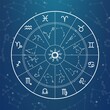Astrology magic circle. Zodiac signs on horoscope wheel. Round shape with zodiacal animals icons and constellations. Predicting future, forecasts by stars. Astrological calendar, vector illustration
