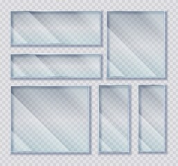 Wall Mural - Glass plates set. Acrylic frames banners on transparent background collection, realistic empty square plastic protective screen on wall, picture border template vector isolated advertising mockup
