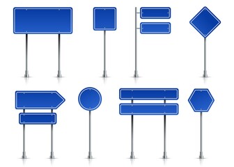Road icons. Realistic blue street signposts with white frame on metal stand. Isolated traffic signage and outdoor pointers. Blank banners for regulation transport moving. Vector highway symbols set