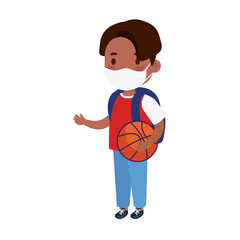 Poster - little boy wearing medical mask and basketball balloon vector illustration design