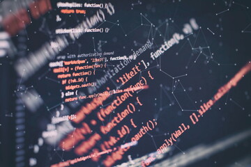 Desktop PC monitor photo. Javascript functions, variables, objects. Project managers work new idea. Future technology creation process.