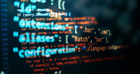 Abstract computer script code. Programming code screen of software developer. Software Programming Work Time.