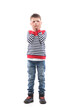 © sharplaninac - Worried confused little boy looking up wondering with head in hands. Full body portrait isolated on white background.