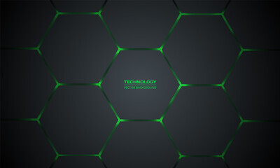 Dark gray and green hexagonal technology vector abstract background. Green bright energy flashes under hexagon in modern technology futuristic background. Dark gray honeycomb texture grid.