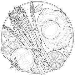 Asparagus with egg, lemon, tomato and basil. Breakfast.Coloring book antistress for children and adults. Zen-tangle style. Black and white drawing