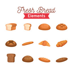 Poster - breads fresh elements set of bakery isolated style icon design, food shop breakfast theme Vector illustration