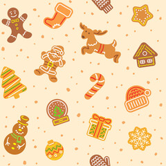 Wall Mural - Christmas gingerbread cookies seamless vector pattern. Simple icons of gingerbread man, Santa Claus, deer, snowflake, snowman and other holiday symbols. Festive background, wallpaper, wrapping paper