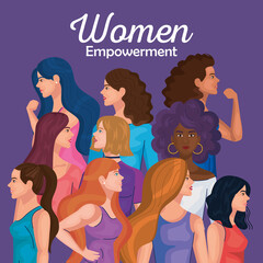 Poster - women empowerment with women cartoons from side doing muscle sign design of female power feminism and rights theme Vector illustration