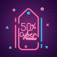 Wall Mural - cyber monday 50 sale in label neon design on bricks background, offer ecommerce shopping online them