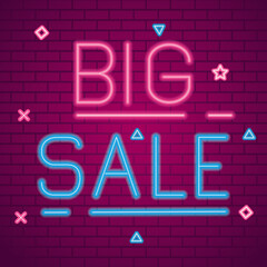 Wall Mural - big sale neon design on bricks background, offer ecommerce shopping online theme vector illustration
