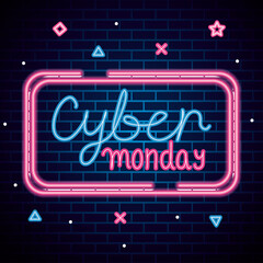 Wall Mural - cyber monday neon design on bricks background, sale offer ecommerce shopping online theme vector ill