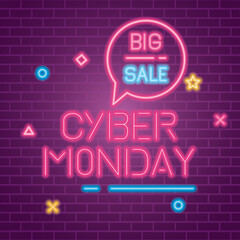 Wall Mural - cyber monday and big sale neon design on bricks background, offer ecommerce shopping online theme ve