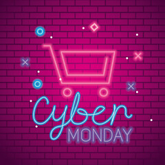 Wall Mural - cyber monday with cart neon design on bricks background, sale offer ecommerce shopping online theme 