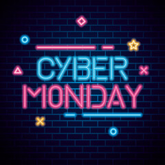 Wall Mural - cyber monday neon design on bricks background, sale offer ecommerce shopping online theme vector ill