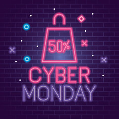 Wall Mural - cyber monday with bag neon design on bricks background, sale offer ecommerce shopping online theme v