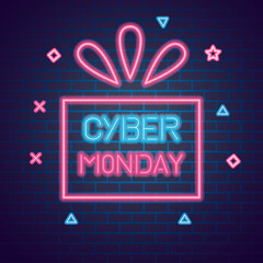 Wall Mural - cyber monday with gift neon design on bricks background, sale offer ecommerce shopping online theme 