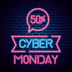 Wall Mural - cyber monday with 50 sale neon design on bricks background, offer ecommerce shopping online theme ve