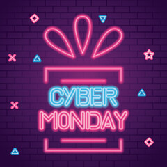 Wall Mural - cyber monday with gift neon design on bricks background, sale offer ecommerce shopping online theme 