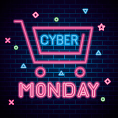 Wall Mural - cyber monday with cart neon design on bricks background, sale offer ecommerce shopping online theme 