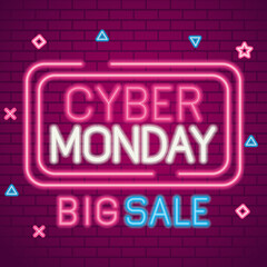 Wall Mural - cyber monday neon design on bricks background, sale offer ecommerce shopping online theme vector ill