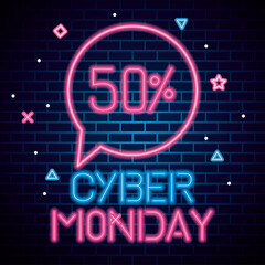 Wall Mural - cyber monday with 50 sale neon design on bricks background, offer ecommerce shopping online theme ve