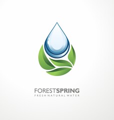 Wall Mural - Natural water logo design with water drop and green forest leaves. Vector symbol, icon, or emblem illustration.