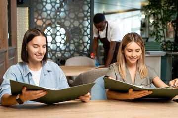 Wall Mural - Two young smiling females sitting by table in cafe and looking through menu