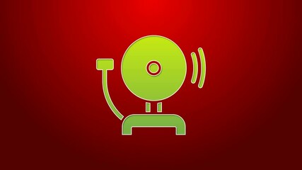 Sticker - Green line Ringing alarm bell icon isolated on red background. Fire alarm system. Service bell, handbell sign, notification symbol. 4K Video motion graphic animation