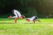 Young woman and little girl practices yoga in a green park together in the summer and demonstrates a crane pose or bakasana