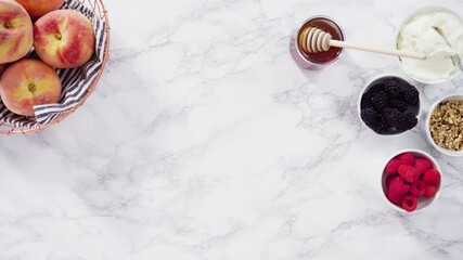 Canvas Print - Flat lay. Ingredients for preparing peach ricotta toast on a marble countertop.