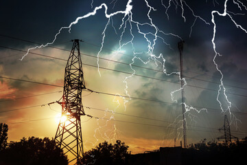 Wall Mural - picturesque lightning storm over high voltage towers