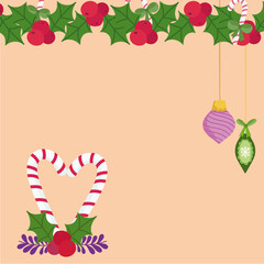 Wall Mural - merry christmas hanging balls holly berry and candy canes decoration