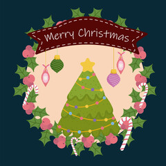 Poster - merry christmas wreath tree balls candies ribbon and holly berry