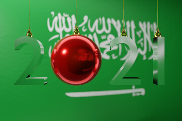 Sticker - 3D illustration  2021 happy new year against the background of the national  flag of Saudi Arabia, 2021 white letter . Illustration of the symbol of the new year.