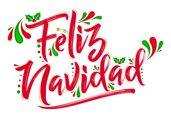 Feliz Navidad, Merry Christmas spanish text holiday design.