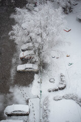 First snow. Cars and trees covered snow. Trace of people on snow. Urban landscape. T